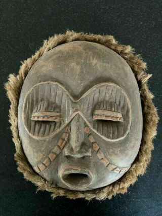 Vintage Carved Wooden African Tribal Mask With Straw Hair