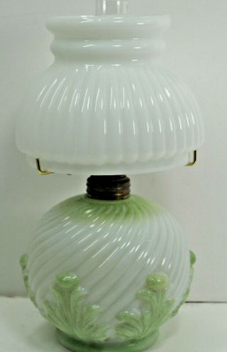 P& A Miniature Oil Lamp Embossed White Glass Flower Font Chimney Shade Acorn Bur