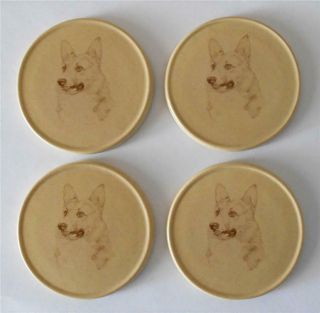 Set Of Four Vintage Corgi Dog 3 5/8 " Round Ceramic Coasters