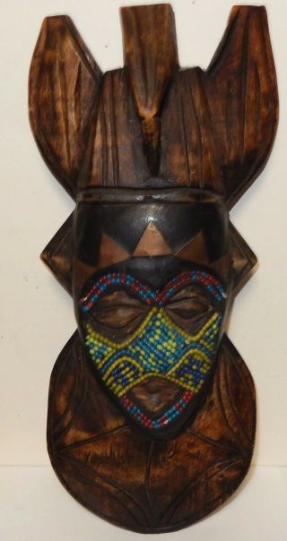 Wooden Carved African Face With Beads Wall Mask