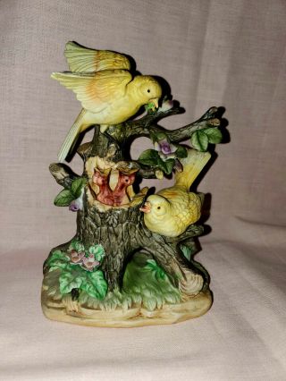 Vintage N Orleans Gold Finch Bird Family Figurine W/2 Babies,  Papa & Mamma