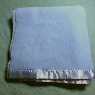 Vtg Blue Satin Trim Acrylic Blanket Full - Queen 88×90 " Soft Usa Made Betty G