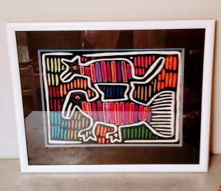 Vintage Hand Stitched Mola Tribal Animal Motif Textile Framed Art