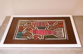 Vintage Hand Stitched Mola Tribal Animal Motif Textile Framed Art 3
