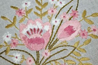 Pink Tulip Rendezvous Vintage German Hand Embroidered Spring Tablecloth
