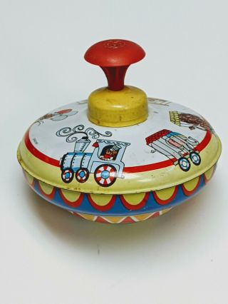 Vintage Ohio Art Circus Train & Animals 5 " Tin Spinning Top Toy,  Made In Usa