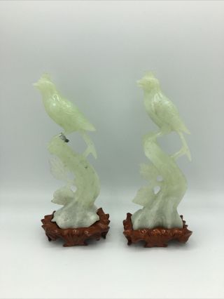 Chinese Carved Celadon Jade Bird Statues Sculpture On Wooden Stands