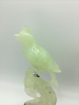 Chinese Carved Celadon Jade Bird Statues Sculpture on Wooden Stands 2