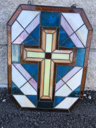 Vintage Leaded Stained Glass Window Panel Cross Sun Catcher Hand Made