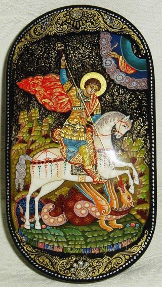 Russian Lacquer Box Palekh " Saint George And The Dragon " Hand Painted