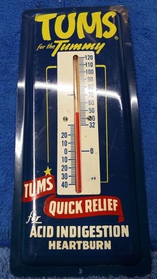 Vintage Tums For The Tummy Metal Thermometer Advertising Piece