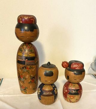 3 Vintage Kokeshi Wooden Japanese Dolls