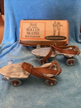 Vintage Sears Roebuck Metal Roller Skates 610 - 23131 Wheels Leather Straps W/box