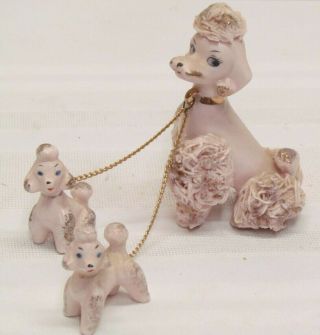 Vintage Mid Century Pink Napcoware Poodle And 2 Pups With Chains
