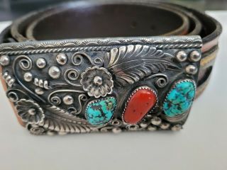 Navajo Indian Turquoise Coral Silver Belt Buckle W/ Ornate Leather Belt Size 38