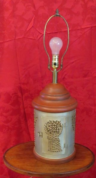 Primitive / Country Style Punched Tin Stacked Wheat Pattern Table Lamp.