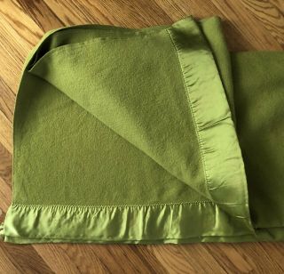 Vintage Olive Green Wool Blanket Satin Trim 64 X 80 Gently