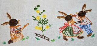 Easter Bunny Plays Guitar Music While Couple Dances Vintage German Table Runner