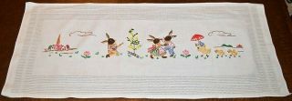 EASTER BUNNY PLAYS GUITAR MUSIC WHILE COUPLE DANCES VINTAGE GERMAN TABLE RUNNER 2