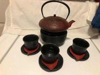 Teavana Japanese Cast Iron Tea Set With 3 Cups/saucers Warmer Dragon Design