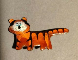 Vintage Hand Made Enamel On Copper Tiger Cat Brooch Pin Signed
