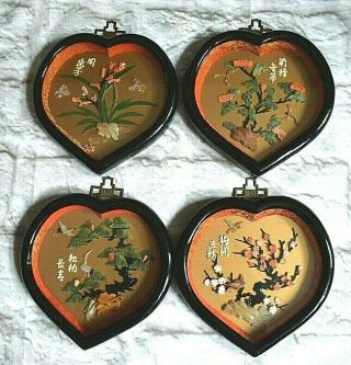 Chinese Inlaid Precious Stone Wall Plaques Set Of 4 Seasons Lacquer Heart Frames
