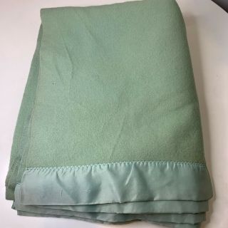 Vintage Wool Blanket Bedding Nylon Satin Trim Color Green
