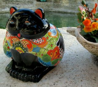 Mexican Talavera Pottery Animal Figure Fat Cat Flower Pot Planter Ceramic 14 "