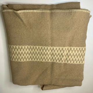 Vintage Wool Throw Blanket Cream Tan Checkered Outdoor Camping Hiking