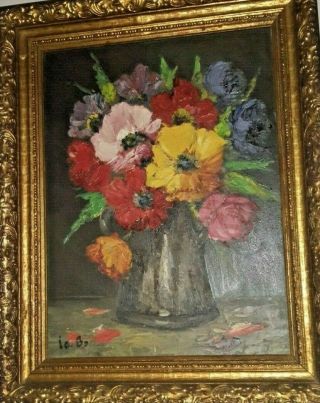 Vintage Flowers In Vases Oil Painting On Canvas,  Signed,  Wooden Frame