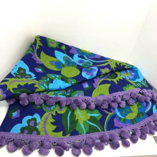 Vintage Mod Floral Pom Pom Fringe Tablecloth Round Purple Blue 64 