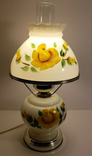 Vintage Hurricane Table Lamp Milk Glass Yellow Hand Painted Flowers 17 Inches