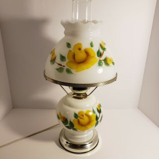 Vintage Hurricane Table Lamp Milk Glass Yellow Hand Painted Flowers 17 inches 2