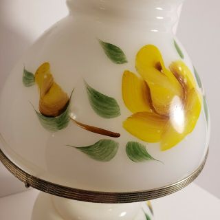 Vintage Hurricane Table Lamp Milk Glass Yellow Hand Painted Flowers 17 inches 3