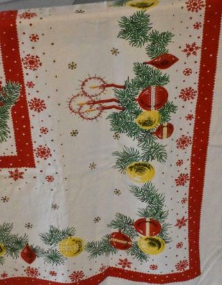 Vintage Mid Century Cotton Blend Tablecloth Christmas White Red Green Ornaments