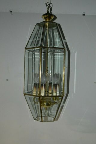 Vintage Hanging Swag Entryway Chandelier Lamp Brass & Glass 20 Sided Icosahedron