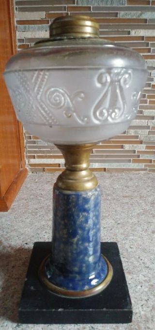 Vintage 19th C.  Blue Spongeware / Spatterware Stem Oil Lamp Look Lyre & Scroll