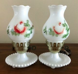 2 Vintage Milk Glass Hurricane Lamps Hand Painted Roses Matching Pair