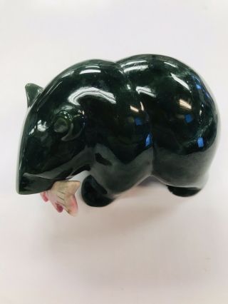 Vintage Canadian Carved Green Jade Stone Bear With Fish 3 " Long 1