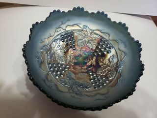 Vintage Fenton Blue Grape And Cable Carnival Glass Footed Ruffled Edge Bowl