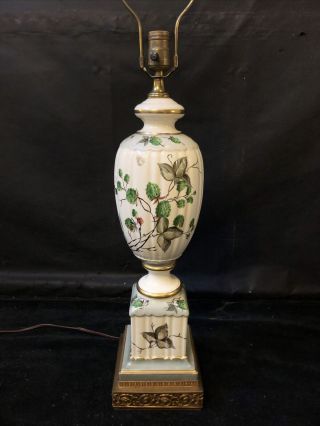 Large Vintage Hand Painted Porcelain Urn Table Lamp Ornate Brass Base Gold Gilt