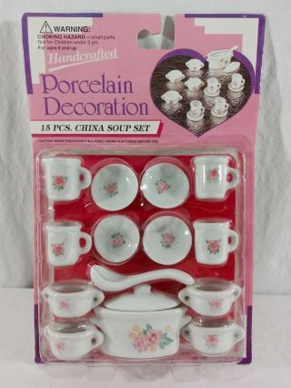 Vintage Miniature Dollhouse Floral Porcelain China 15 - Piece Soup Set Childs Toy