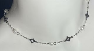 Vintage Sterling Silver 925 Pearl Marcasite Chain Link Necklace