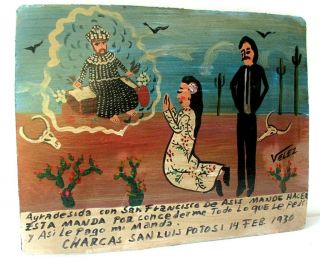Mexican Folk Art Valez Hand Painted Tin Metal Retablo Santo Saint St Francis 12 "