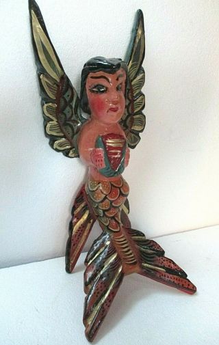Mexican Folk Art Carved Wood Wall Mermaid Angel Guerrero Nautical Decor 17 "