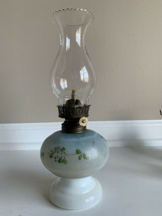 Antique Hand Painted Milk Glass Small Oil Lamp W/ Little Wizard Burner 10”