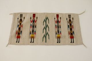 O - Vintage Navajo Rug Weaving 4 Yei Figures Cornstalk Red Brown Green