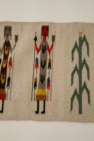 O - Vintage Navajo Rug Weaving 4 Yei Figures Cornstalk Red Brown Green 3