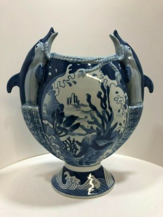 Vintage Porcelain Chinese Vase With Dolphin Handles Hand Painted Blue & White
