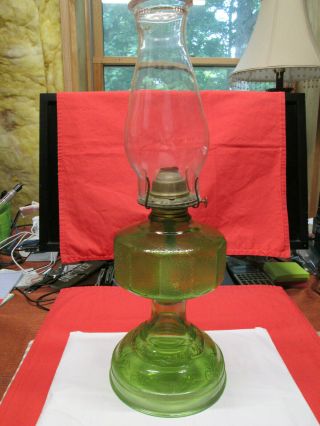 Vintage P & A Risdon Green Pedestal Hurricane Oil Lamp Embossed